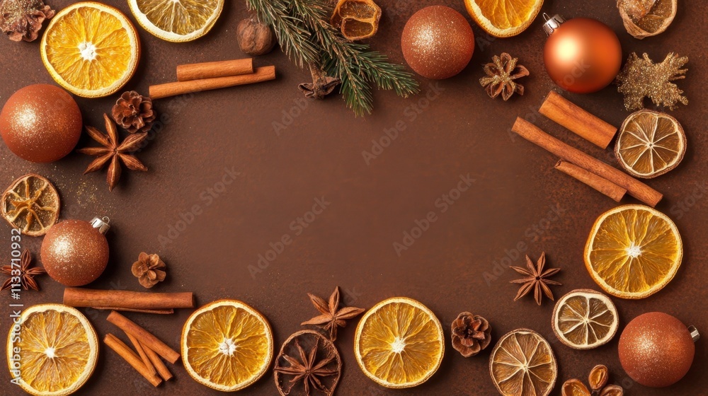 Festive Christmas Border of Dried Oranges, Cinnamon, and Ornaments Festive Christmas Border of Dried Oranges, Cinnamon, and Ornaments