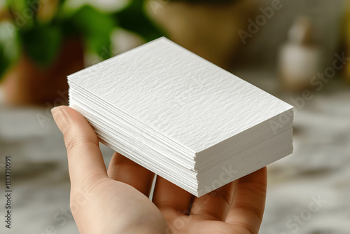 Close-up view of a stack of blank white business cards with a textured surface, ideal for showcasing branding, business identity, or design mockups