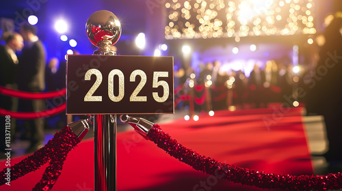 Gold colored 2025 standing on a red carpet, red carpet event concept. photo