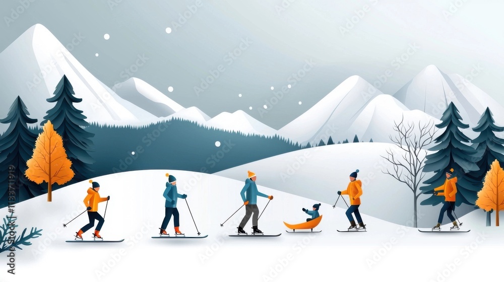 Skiers and snowboarders gliding down the slopes of a beautiful snowy mountain landscape with pine trees and snowfall in the air Skiers and snowboarders gliding down the slopes of a beautiful snowy mountain landscape with pine trees and snowfall in the air
