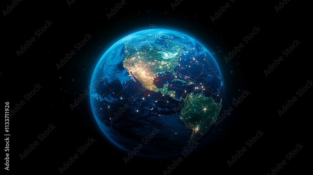 Global network connections at night, illuminated Earth. Global network connections at night, illuminated Earth.