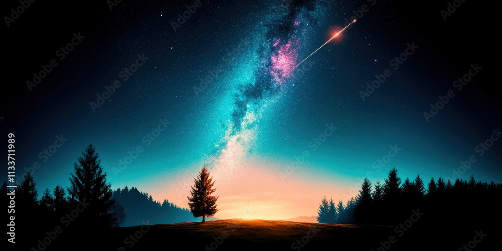 Fototapeta premium A stunning night sky filled with vibrant colors, stars, and a galaxy, set against a silhouette of trees and a serene horizon.