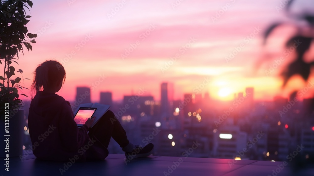 Woman using tablet at sunset, cityscape view. Woman using tablet at sunset, cityscape view.