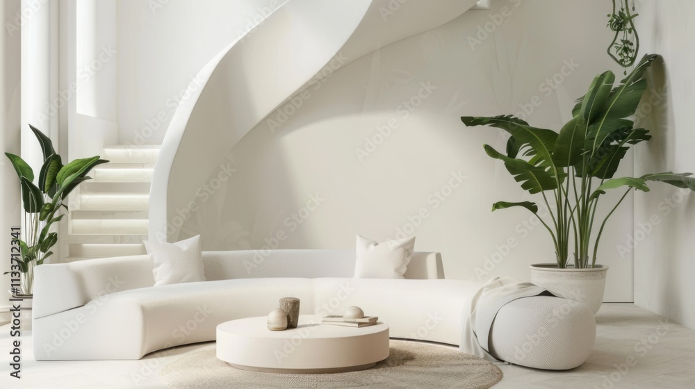 © decle - A cozy and refined living room design featuring a white canvas backdrop, Discreetly positioned minimalist furniture, Minimalist tropical style © decle - A cozy and refined living room design featuring a white canvas backdrop, Discreetly positioned minimalist furniture, Minimalist tropical style