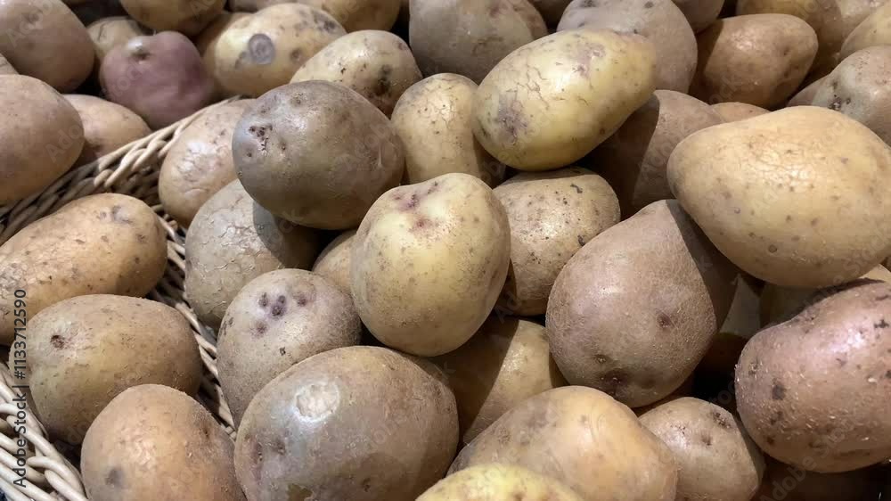 Freshly harvested potatoes displayed in a basket.