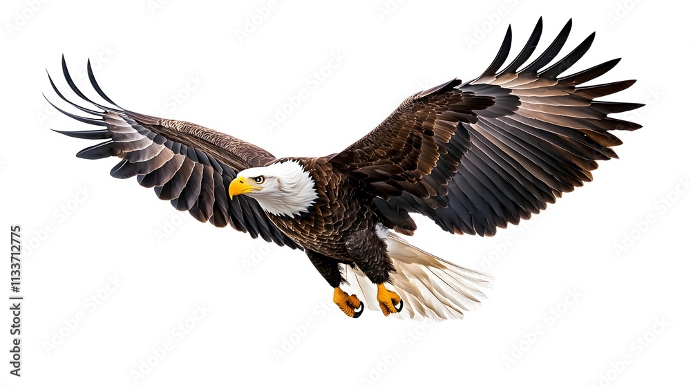 Majestic Bald Eagle in Flight with Fully Extended Wings and Intense Gaze, Symbolizing Freedom and Strength Against a Minimalist White Background Majestic Bald Eagle in Flight with Fully Extended Wings and Intense Gaze, Symbolizing Freedom and Strength Against a Minimalist White Background