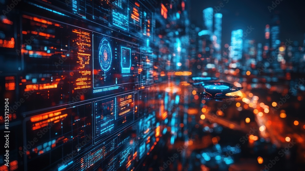 Fototapeta premium Futuristic Cityscape: Drone Flight Over Neon-Lit Metropolis with Digital Interface