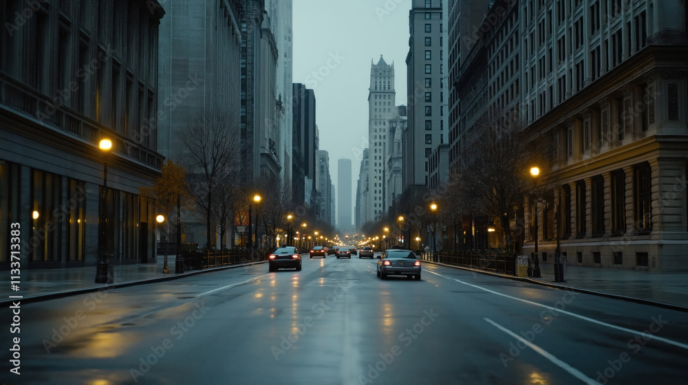 Obraz premium Empty city street at night. Cars drive slowly. Modern buildings line road. Street lights illuminate wet pavement. Urban scene in evening. Few cars. Quiet night. Dark but bright. Calm atmosphere.