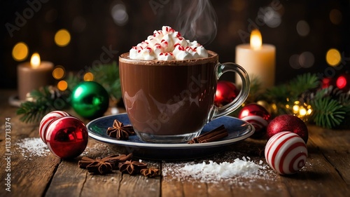 peppermint hot chocolate served on a wooden table with Christmas theme photo