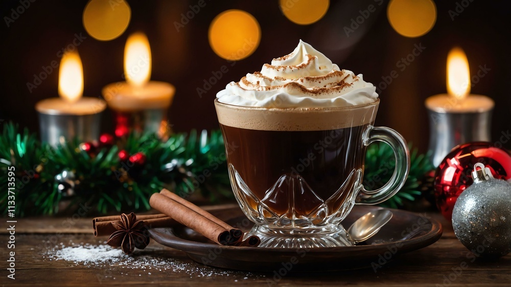 irish coffee coffee with whiskey and cream se served on a wooden table with Christmas theme irish coffee coffee with whiskey and cream se served on a wooden table with Christmas theme