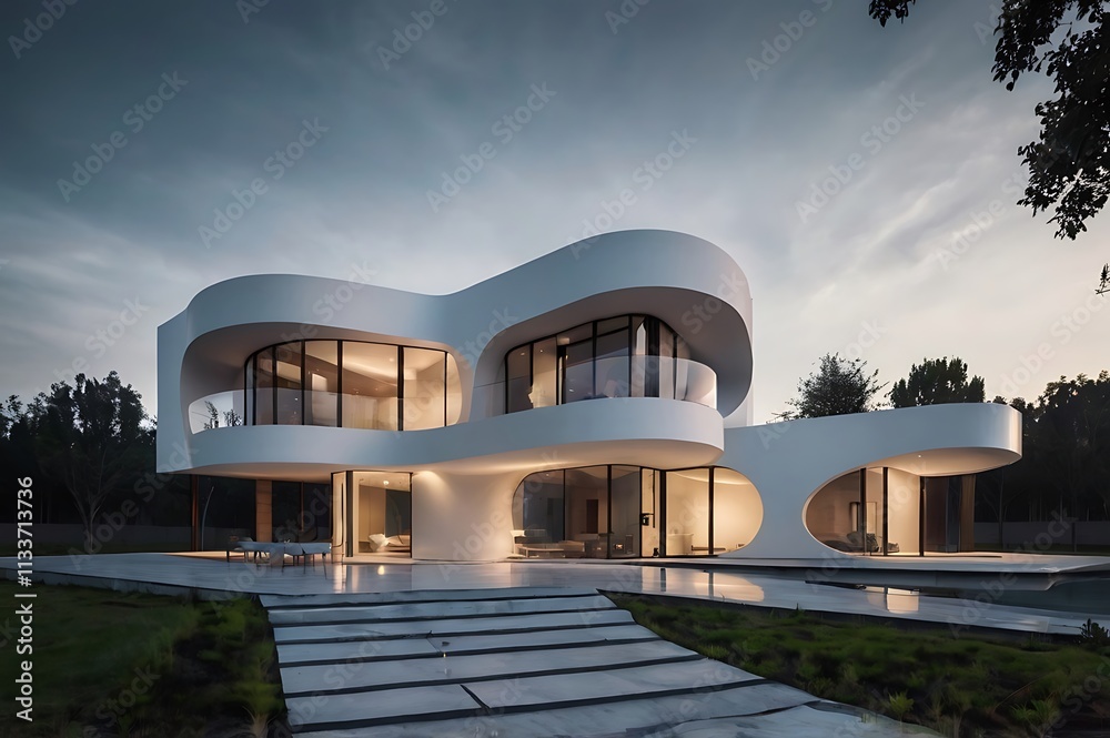A Futuristic Minimalist Home With Curved Edges, A White And Gray Palette, And Smart Integrated Lighting A Futuristic Minimalist Home With Curved Edges, A White And Gray Palette, And Smart Integrated Lighting