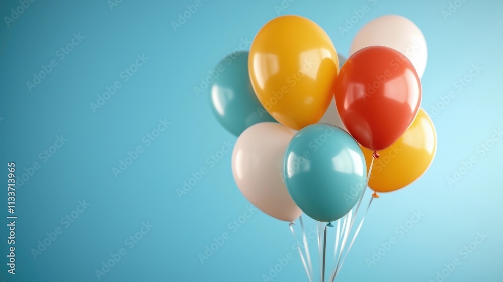Colorful balloons floating in the air on a vibrant vivid blue background The balloons in various bright colors including yellow red white and blue creating a cheerful festive Colorful balloons floating in the air on a vibrant vivid blue background The balloons in various bright colors including yellow red white and blue creating a cheerful festive