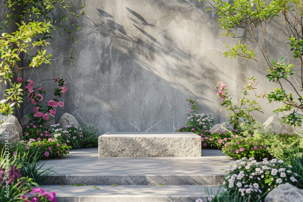 High Definition Visual of Stone Podium in Garden for Product Display High Definition Visual of Stone Podium in Garden for Product Display