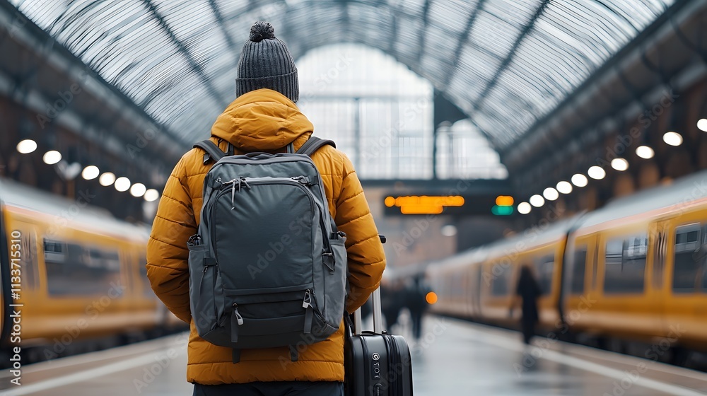 A Journey Begins: Traveler at the Train Station Ready for Adventure in a Bustling Environment. Travel Adventures, Diversity Concept A Journey Begins: Traveler at the Train Station Ready for Adventure in a Bustling Environment. Travel Adventures, Diversity Concept