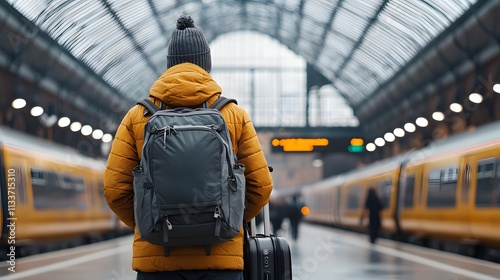 A Journey Begins: Traveler at the Train Station Ready for Adventure in a Bustling Environment. Travel Adventures, Diversity Concept