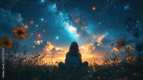 Starry Night Serenity: A Woman Contemplates the Cosmos