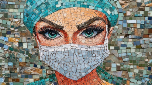 Mosaic portrait of a female doctor wearing a surgical mask and cap. photo