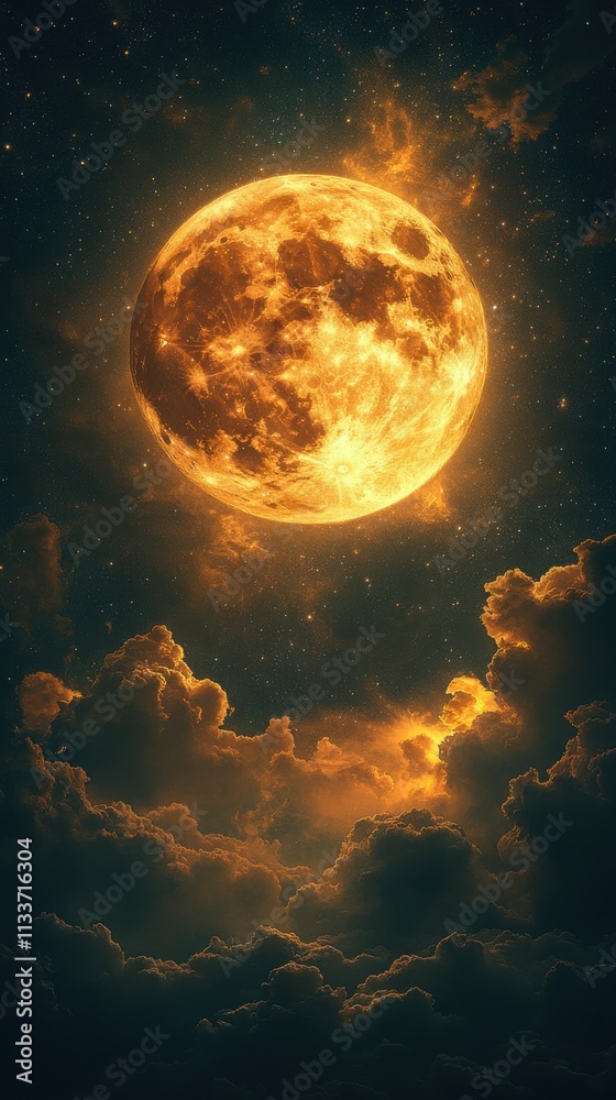 A luminous orange moon illuminates a dark sky filled with clouds, creating a mystical atmosphere. A luminous orange moon illuminates a dark sky filled with clouds, creating a mystical atmosphere.
