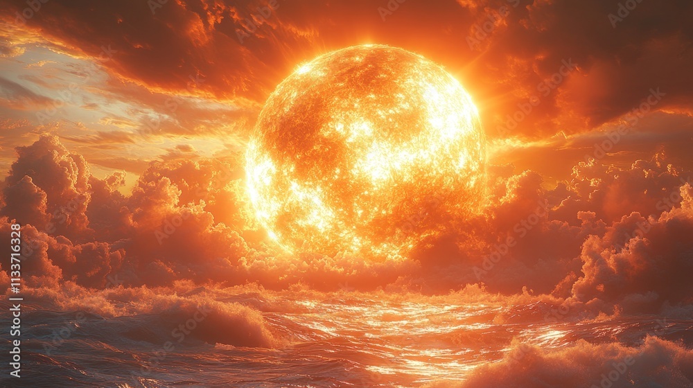 Fiery sunset, huge sun, ocean waves. Fiery sunset, huge sun, ocean waves.