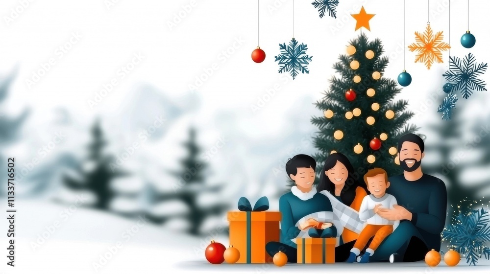 Happy Family Celebrates Christmas at Home with Decorated Christmas Tree Hanging Ornaments and Presents in Snowy Winter Landscape