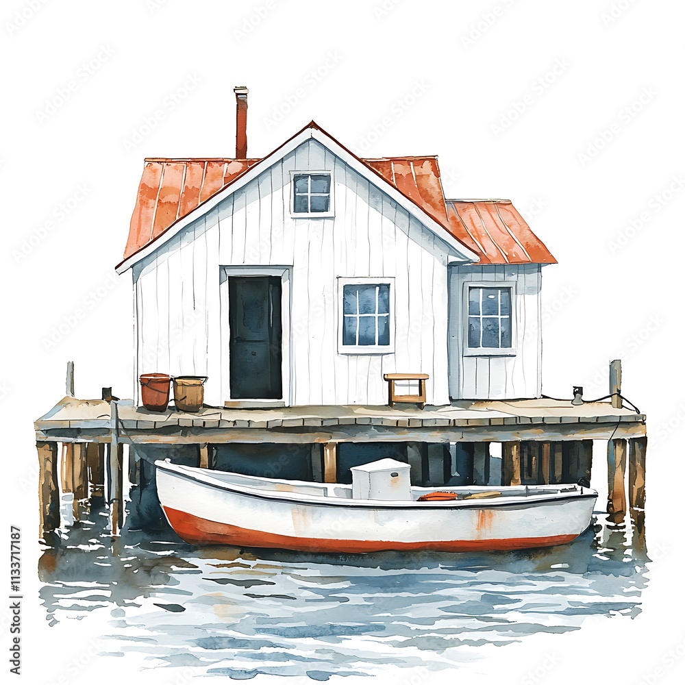Watercolor Painting of a Quaint White Coastal House on Stilts with a Small Boat Moored Below. Watercolor Painting of a Quaint White Coastal House on Stilts with a Small Boat Moored Below.