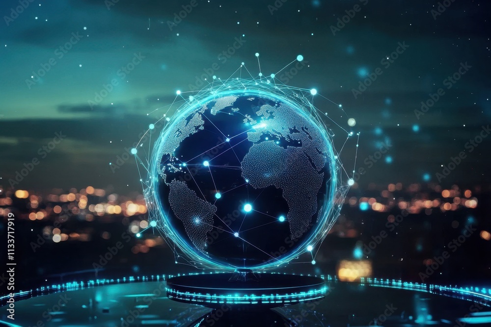 The interplay of technology and urban landscapes highlighted by a digital globe. The interplay of technology and urban landscapes highlighted by a digital globe.