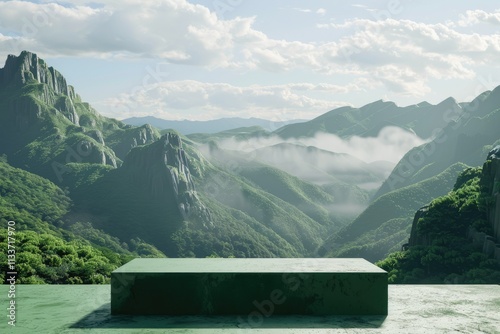 Green Podium Product Presentation Mock Up with Moutain Nature Background