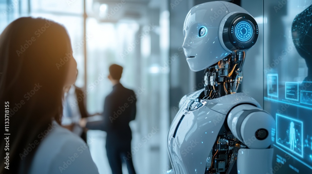 A humanoid robot interacts with a person in a modern, tech-focused environment. A humanoid robot interacts with a person in a modern, tech-focused environment.