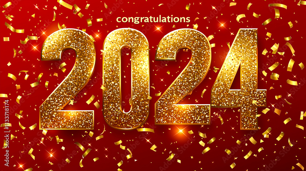 2024 Happy New Year greeting card with golden numbers and confetti on red background. 2024 Happy New Year greeting card with golden numbers and confetti on red background.