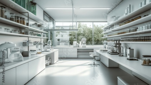 White shelves enhancing the functionality of a laboratory environment.