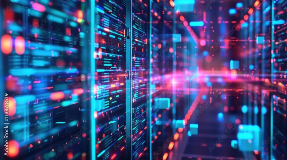 Naklejka premium Server racks are flashing with activity as they process big data in a data center, representing the power and complexity of modern information technology