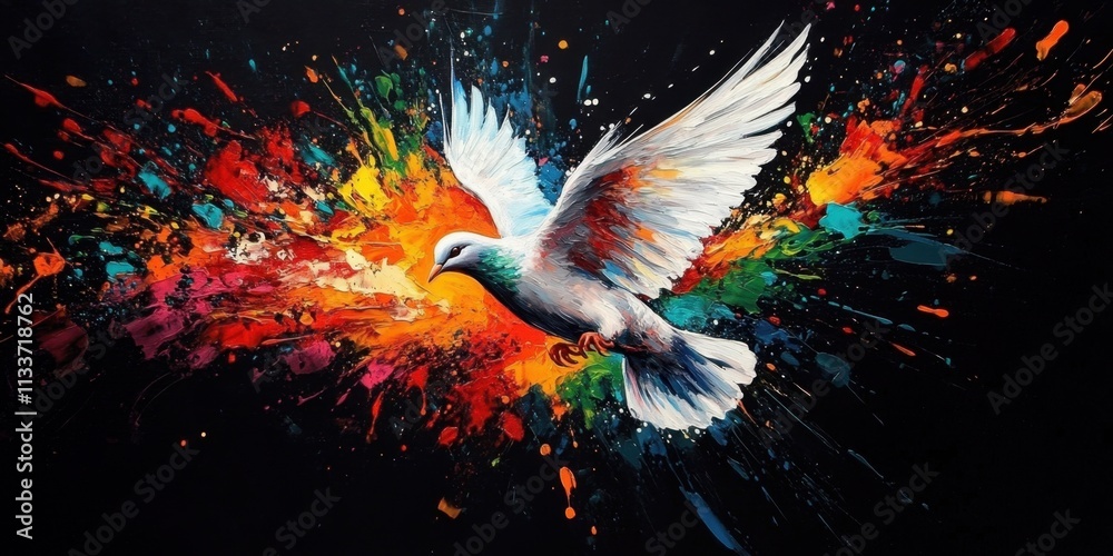 Fototapeta premium A vibrant dove takes flight across a dark canvas.