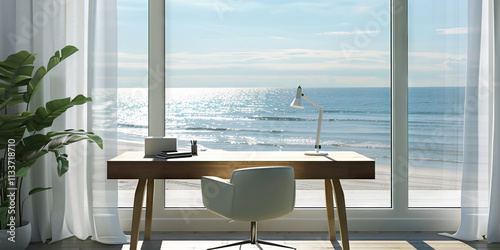 Ocean View Desk Workspace with Sheer Curtains