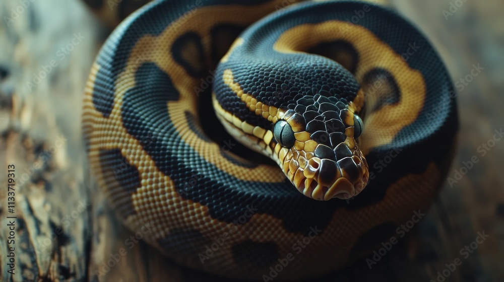Obraz premium Close-up of a Vibrant Ball Python on Natural Wooden Surface