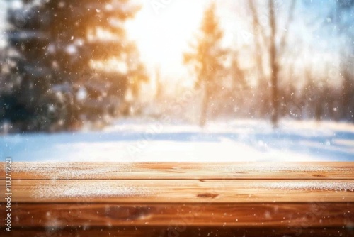 Peaceful winter setting featuring a snowy wooden table and scenic views.