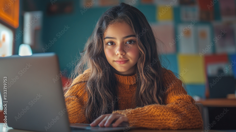 Hispanic teenage girl studying in classroom using computer laptop Hispanic teenage girl studying in classroom using computer laptop