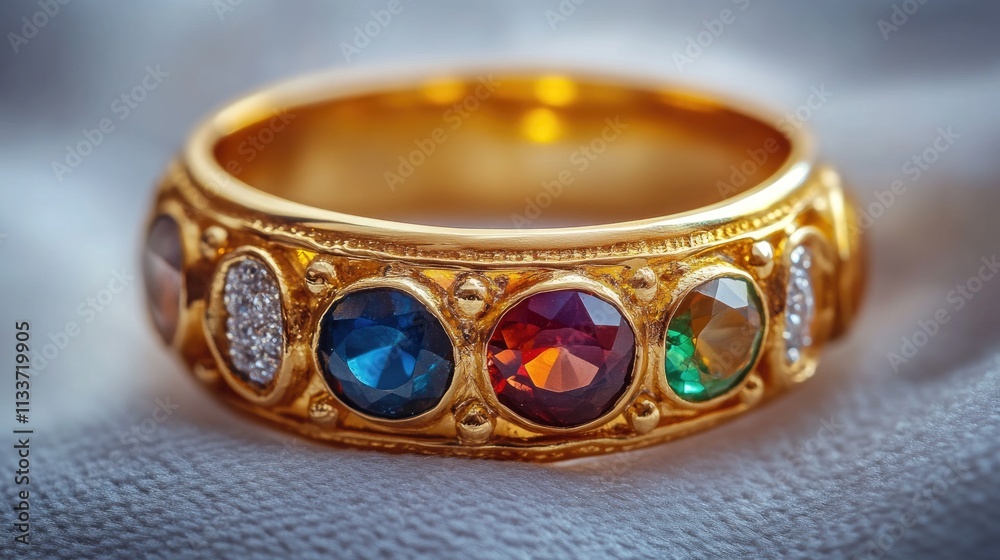 Elegant Gold Ring with Colorful Gemstones and Sparkling Details Elegant Gold Ring with Colorful Gemstones and Sparkling Details