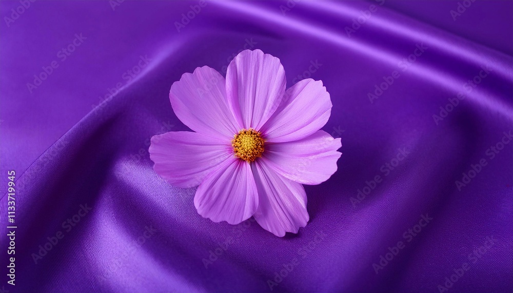 Obraz premium Purple Cosmos Flower on a Draped Soft Purple Silk Fabric