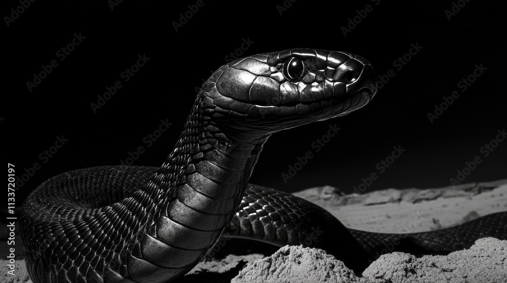 Fototapeta premium Black Snake Close-Up in Monochrome with Desert Background