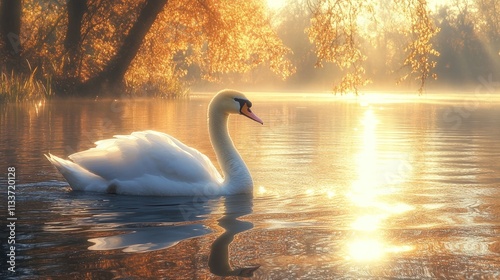 Fototapeta Naklejka Na Ścianę i Meble -  Serene swan swims golden sunrise lake.