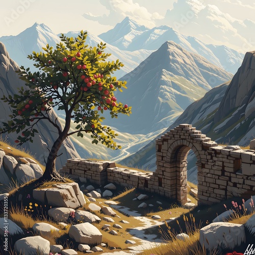 the painting depicts an old archway in a mountain landscape