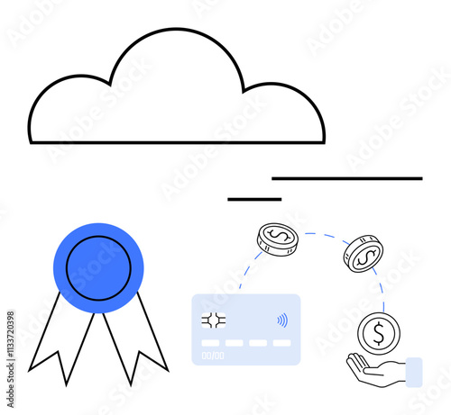 Cloud outline, blue quality ribbon, digital payment card, coins around hand. Ideal for cloud services, digital payments, financial tech, online security, data management e-commerce quality