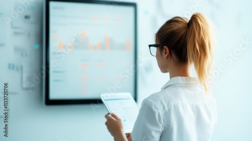 A woman in glasses analyzes data displayed on a screen while holding a tablet, surrounded by charts and graphs in a modern office environment.