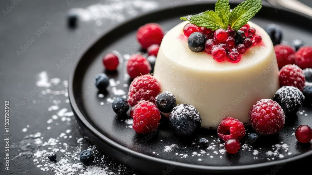 Creamy Panna Cotta with Berries and Mint on a Black Plate Creamy Panna Cotta with Berries and Mint on a Black Plate