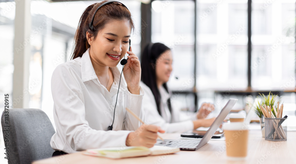 Asian call center team, customer service, telesales wearing headset or headphone talking with customer in the office. Customer Service Representative, Service, Call Center, Asian call center team, customer service, telesales wearing headset or headphone talking with customer in the office. Customer Service Representative, Service, Call Center,