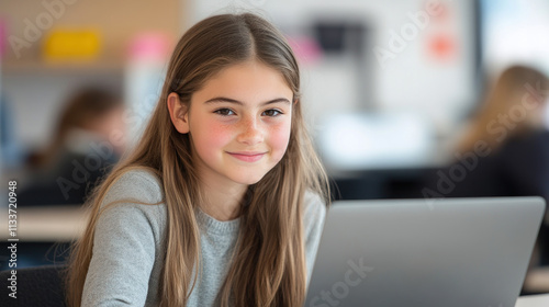 Canadian teenage girl studying in classroom using computer laptop