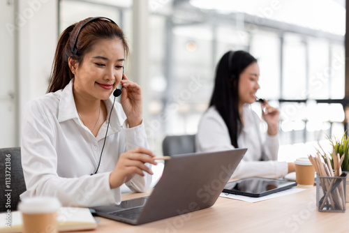 Wallpaper Mural Asian call center team, customer service, telesales wearing headset or headphone talking with customer in the office. Customer Service Representative, Service, Call Center,  Torontodigital.ca