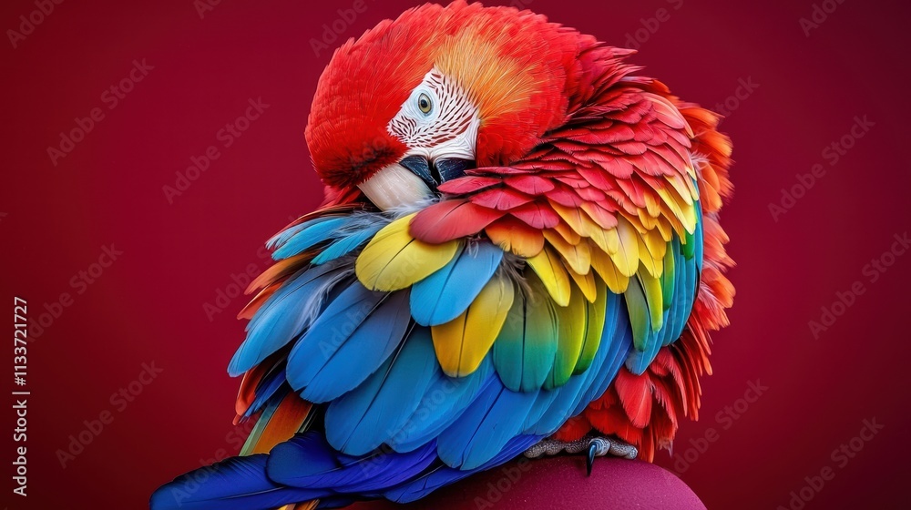 Obraz premium Vibrant Scarlet Macaw Preening Feathers Against Bold Red Background