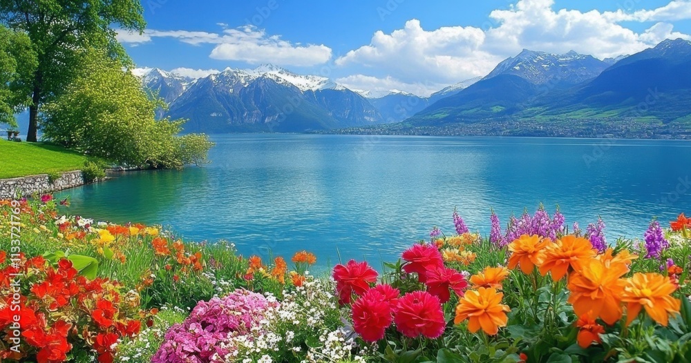 A picturesque scene of flowers in full bloom by the lakeside with mountains. A picturesque scene of flowers in full bloom by the lakeside with mountains.
