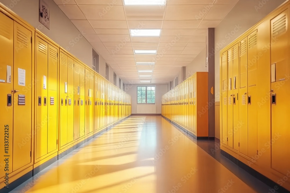 An empty school hallway showcases yellow lockers, evoking feelings of nostalgia. An empty school hallway showcases yellow lockers, evoking feelings of nostalgia.